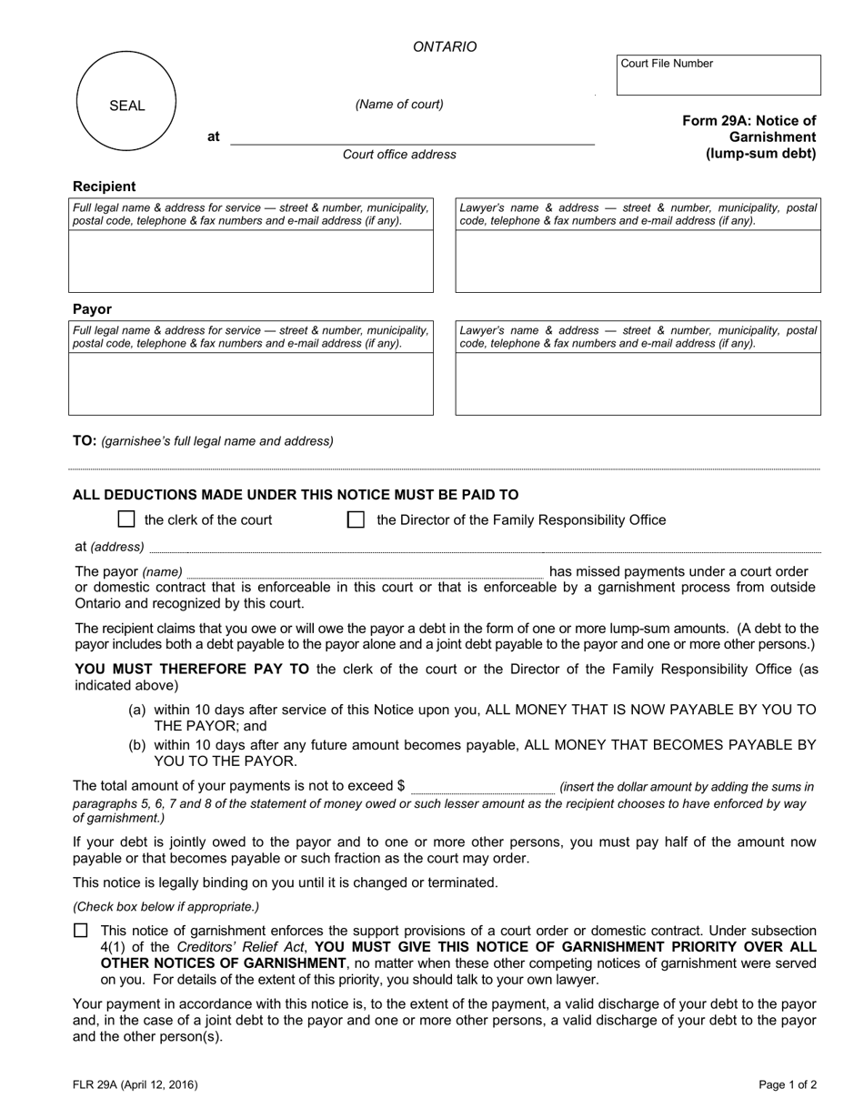 Form 29A Notice of Garnishment (Lump-Sum Debt) - Ontario, Canada, Page 1