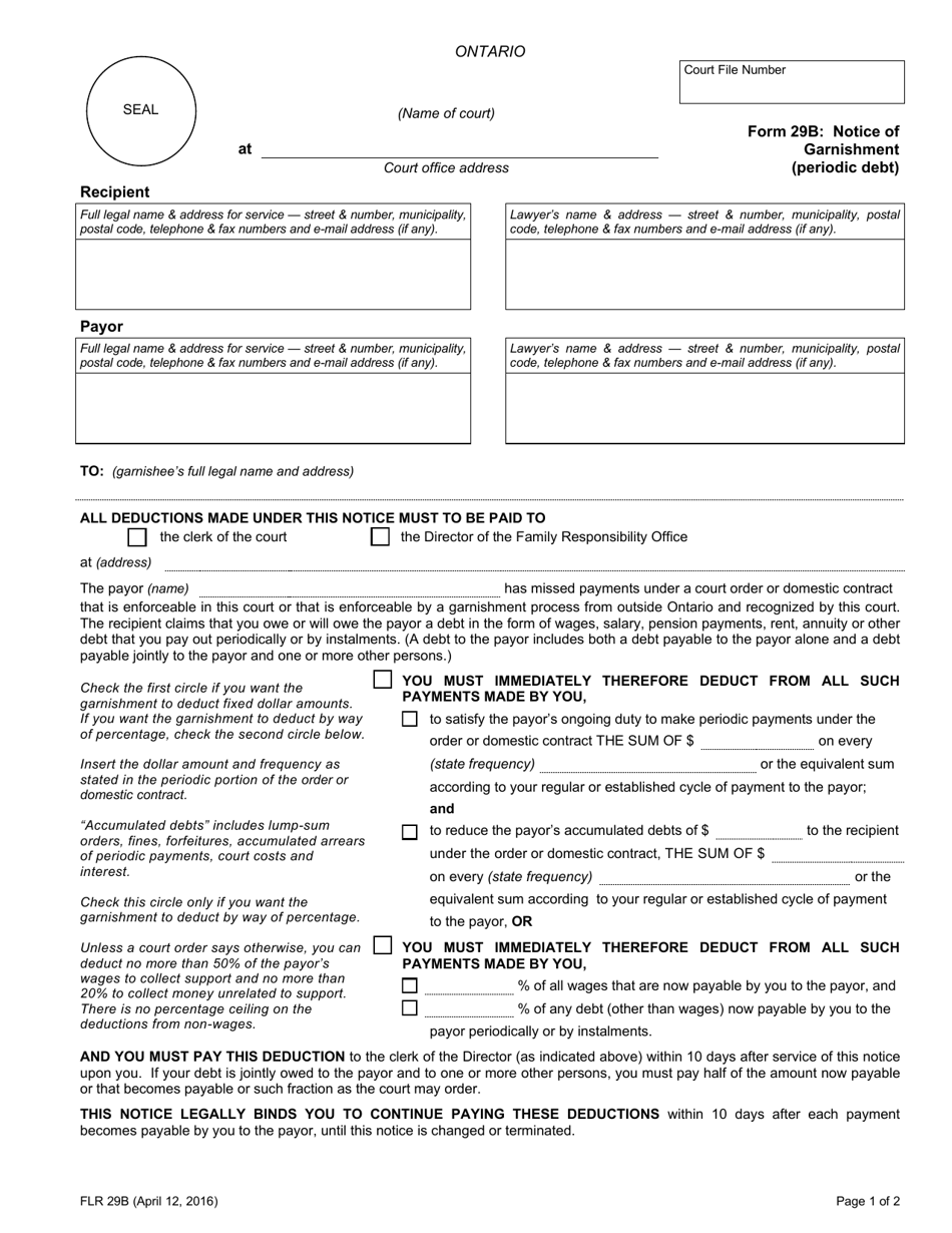 Form 29B Notice of Garnishment (Periodic Debt) - Ontario, Canada, Page 1