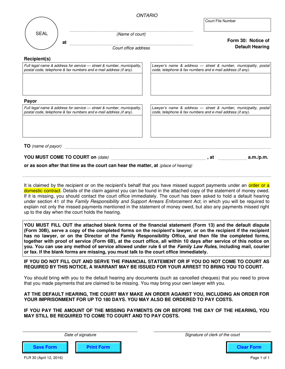 Form 30 Notice of Default Hearing - Ontario, Canada, Page 1