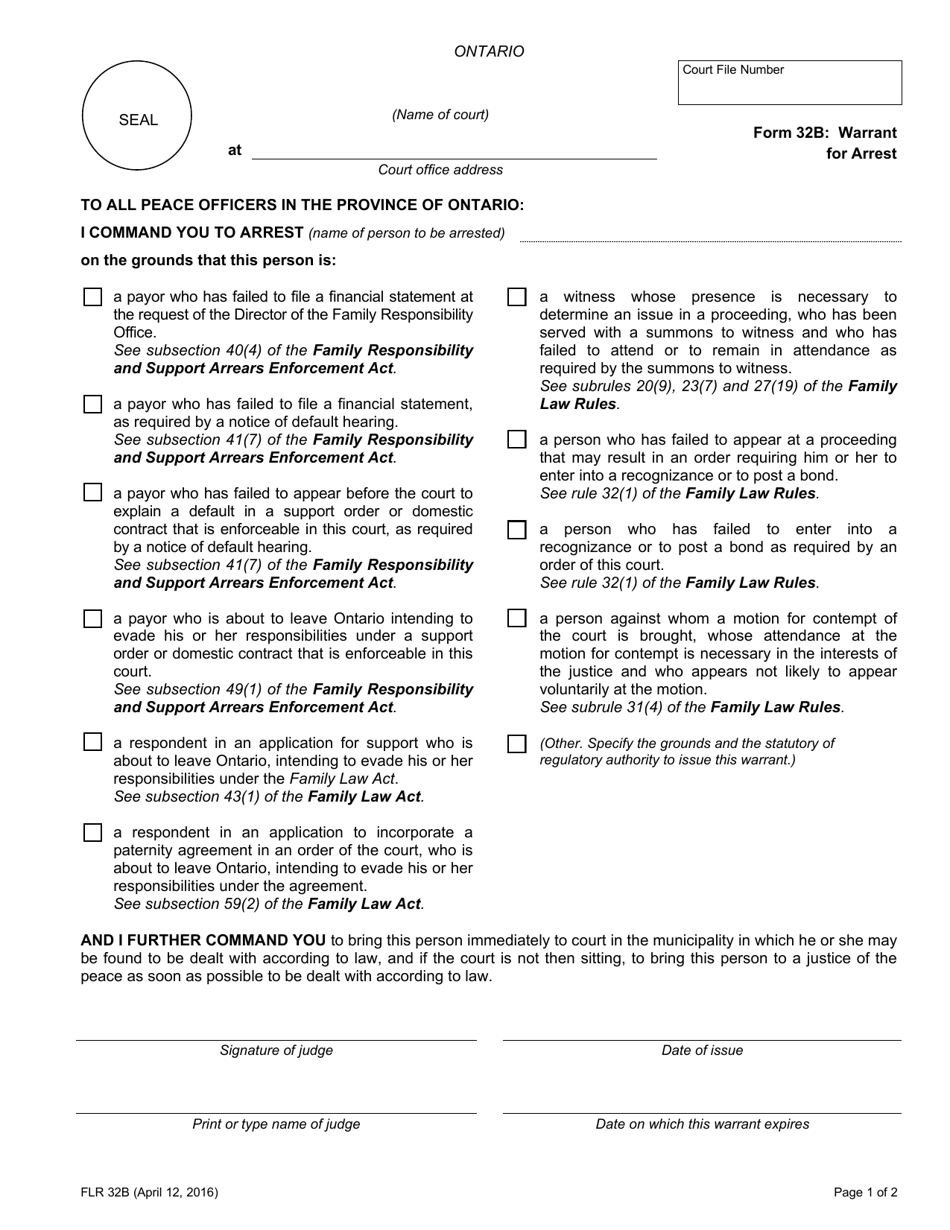Form 32B Warrant for Arrest - Ontario, Canada, Page 1