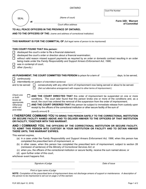 Form 32D Warrant of Committal - Ontario, Canada