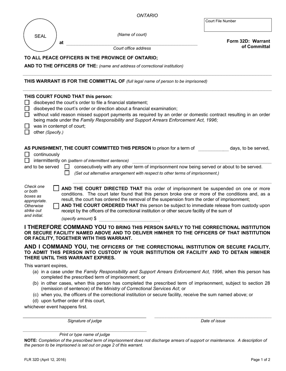 Form 32D Warrant of Committal - Ontario, Canada, Page 1