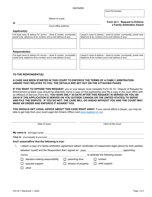 Form 32.1 Request to Enforce a Family Arbitration Award - Ontario, Canada
