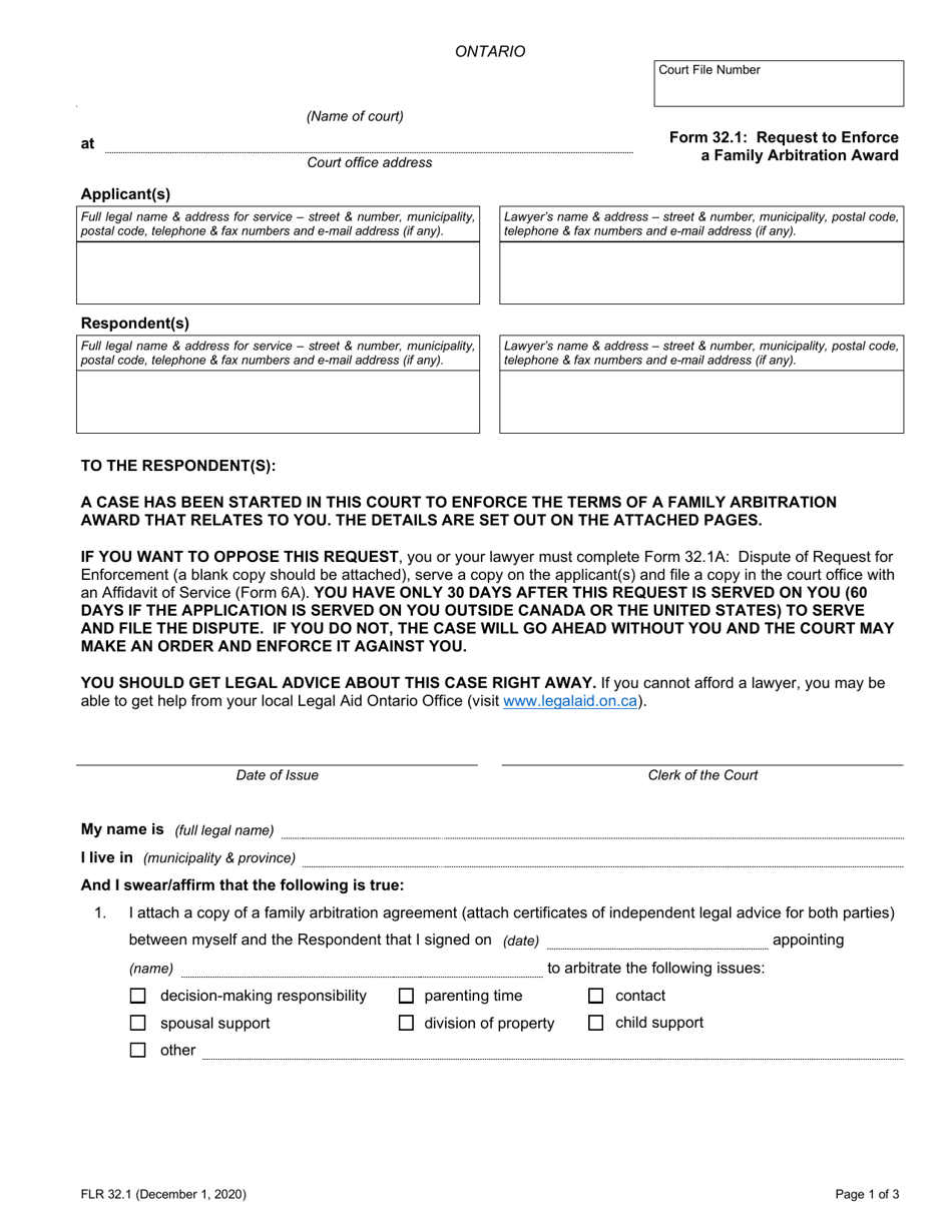 Form 32.1 Request to Enforce a Family Arbitration Award - Ontario, Canada, Page 1