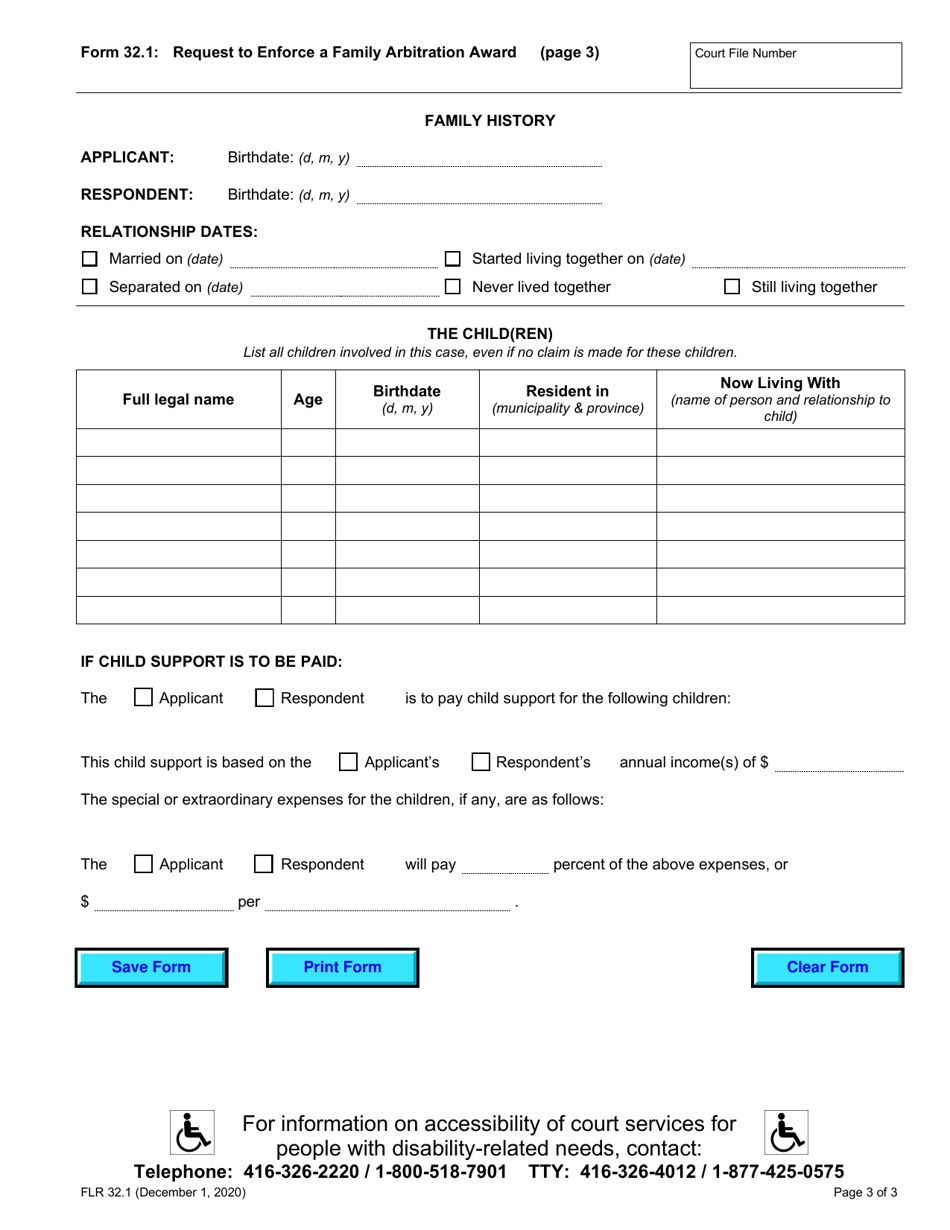 Form 32.1 Request to Enforce a Family Arbitration Award - Ontario, Canada, Page 3