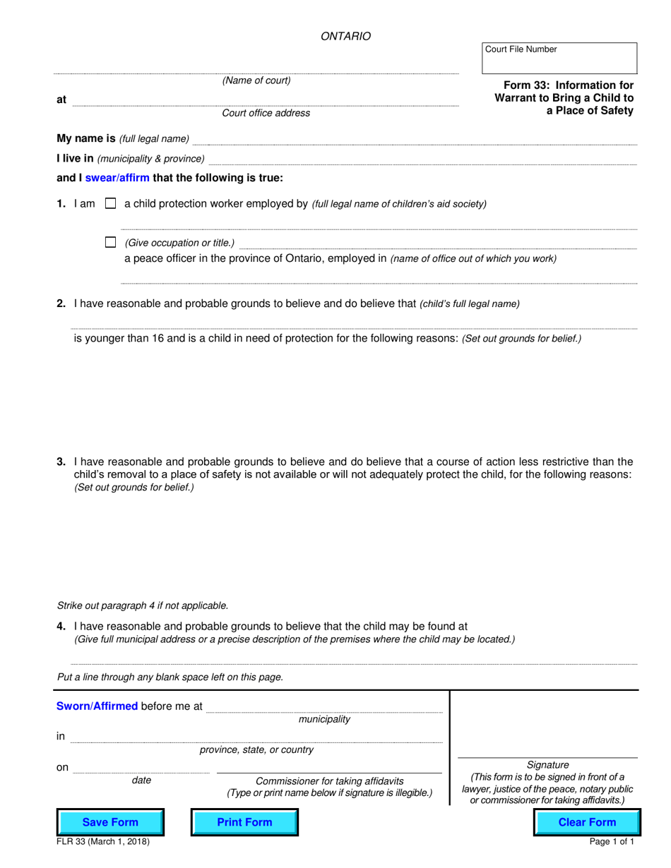 Form 33 Information for Warrant to Bring a Child to a Place of Safety - Ontario, Canada, Page 1