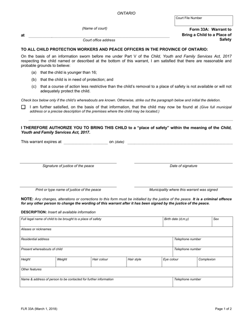 Form 33A Warrant to Bring a Child to a Place of Safety - Ontario, Canada