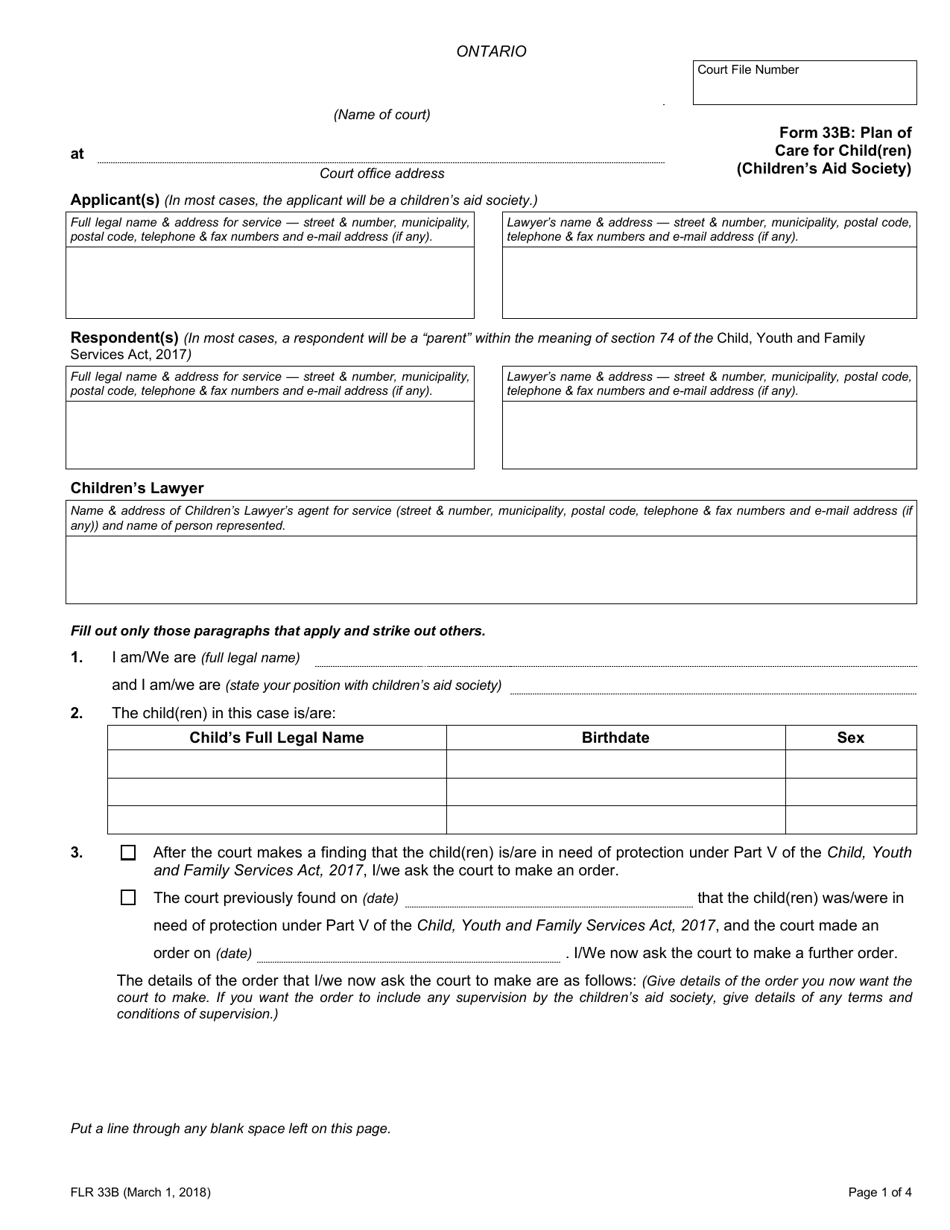 Form 33B Plan of Care for Child(Ren) (Childrens Aid Society) - Ontario, Canada, Page 1