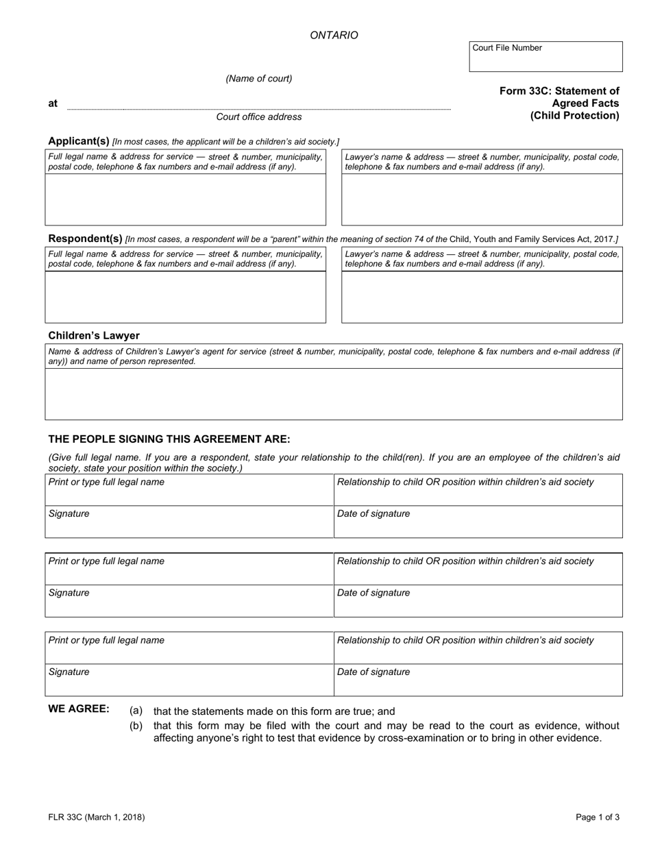 Form 33C Statement of Agreed Facts (Child Protection) - Ontario, Canada, Page 1