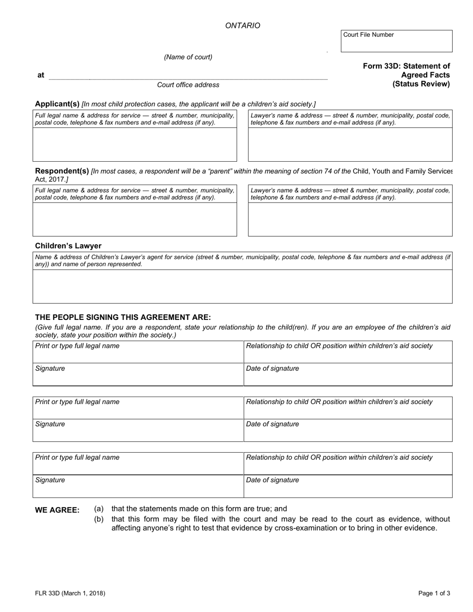 Form 33D Statement of Agreed Facts (Status Review) - Ontario, Canada, Page 1