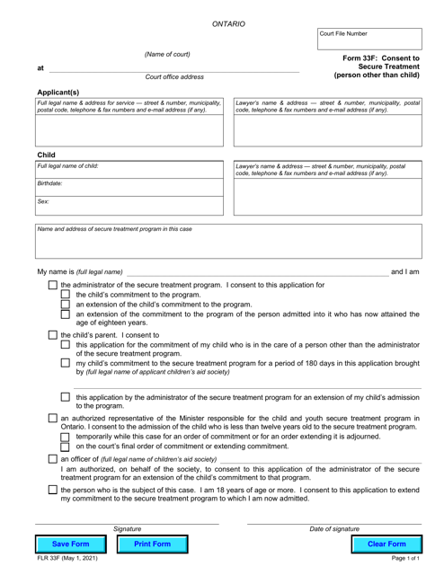Form 33F Consent to Secure Treatment (Person Other Than Child) - Ontario, Canada