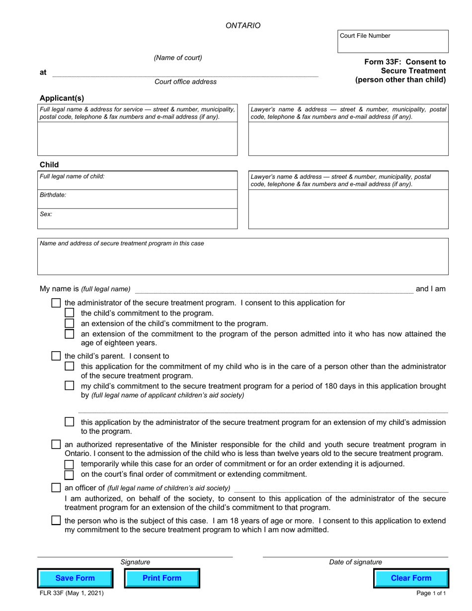 Form 33F Consent to Secure Treatment (Person Other Than Child) - Ontario, Canada, Page 1