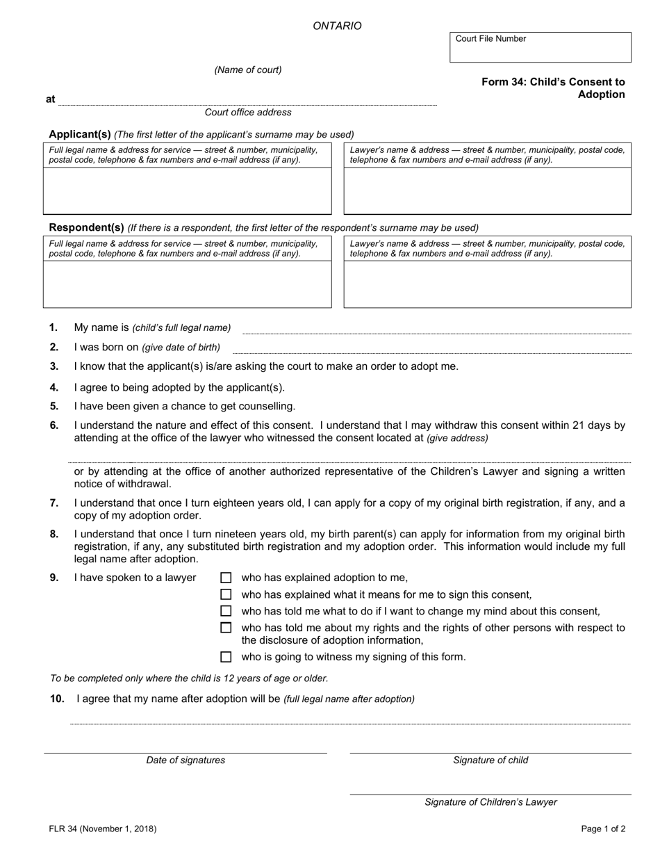 Form 34 Childs Consent to Adoption - Ontario, Canada, Page 1