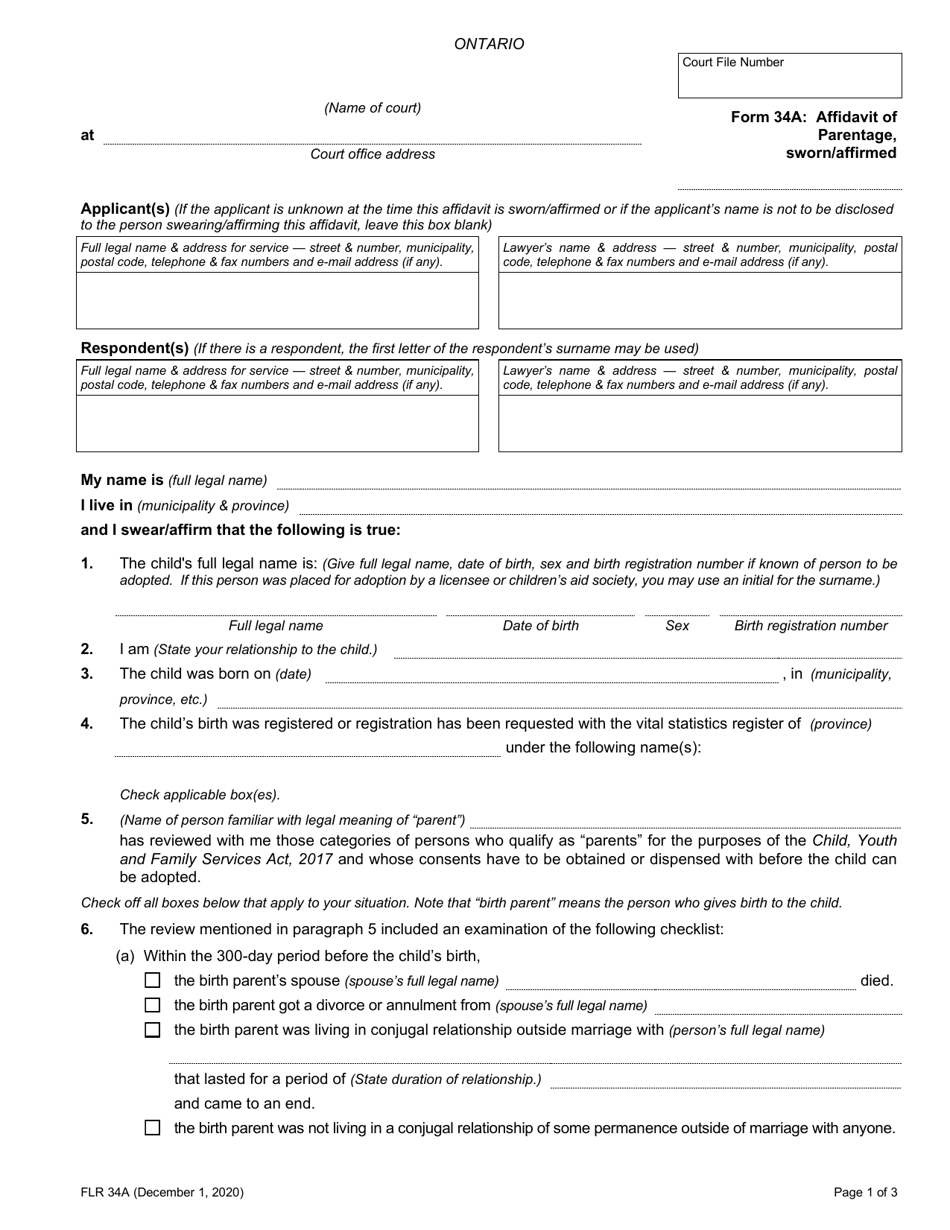 Form 34A Affidavit of Parentage - Ontario, Canada, Page 1