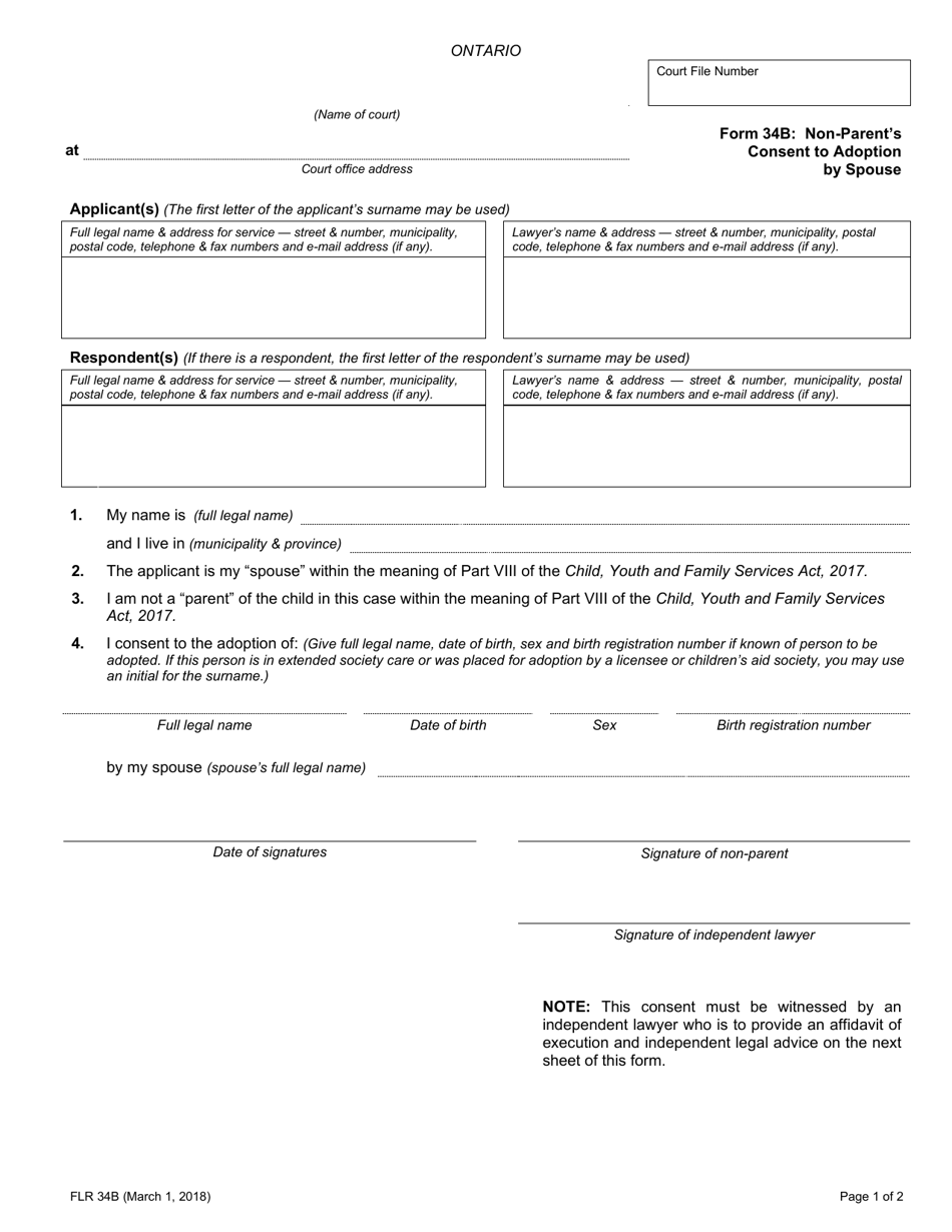 Form 34B Non-parents Consent to Adoption by Spouse - Ontario, Canada, Page 1