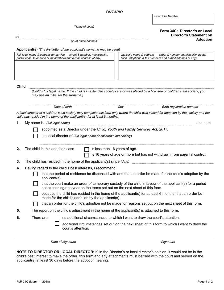 Form 34C Directors or Local Directors Statement on Adoption - Ontario, Canada, Page 1