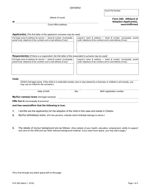 Form 34D Affidavit of Adoption Applicant(S), Sworn/Affirmed - Ontario, Canada