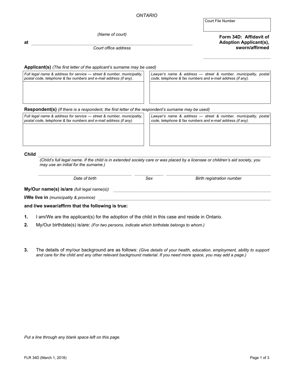 Form 34D Affidavit of Adoption Applicant(S), Sworn / Affirmed - Ontario, Canada, Page 1