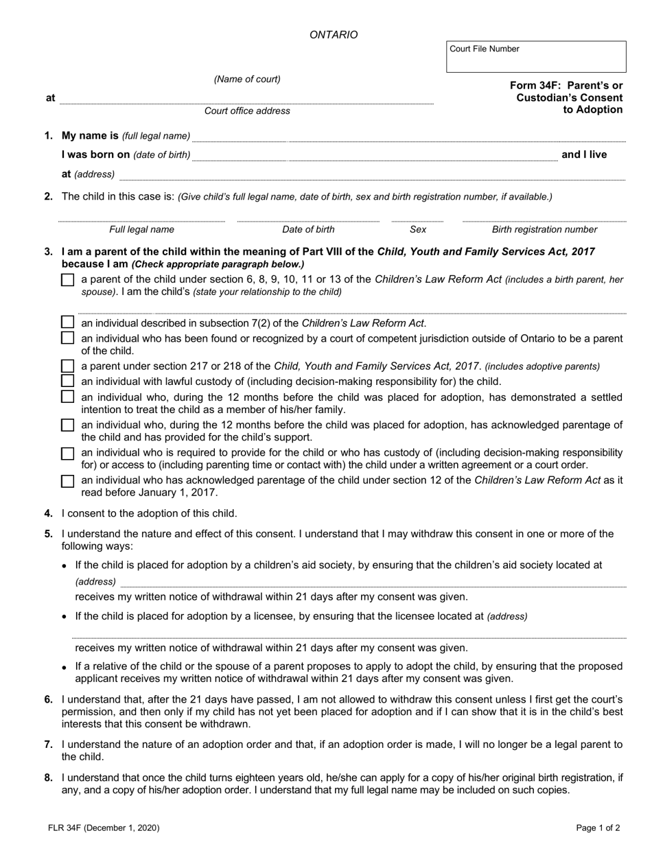 Form 34F Parents or Custodians Consent to Adoption - Ontario, Canada, Page 1