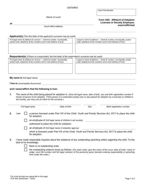 Form 34G Affidavit of Adoption Licensee or Society Employee - Ontario, Canada