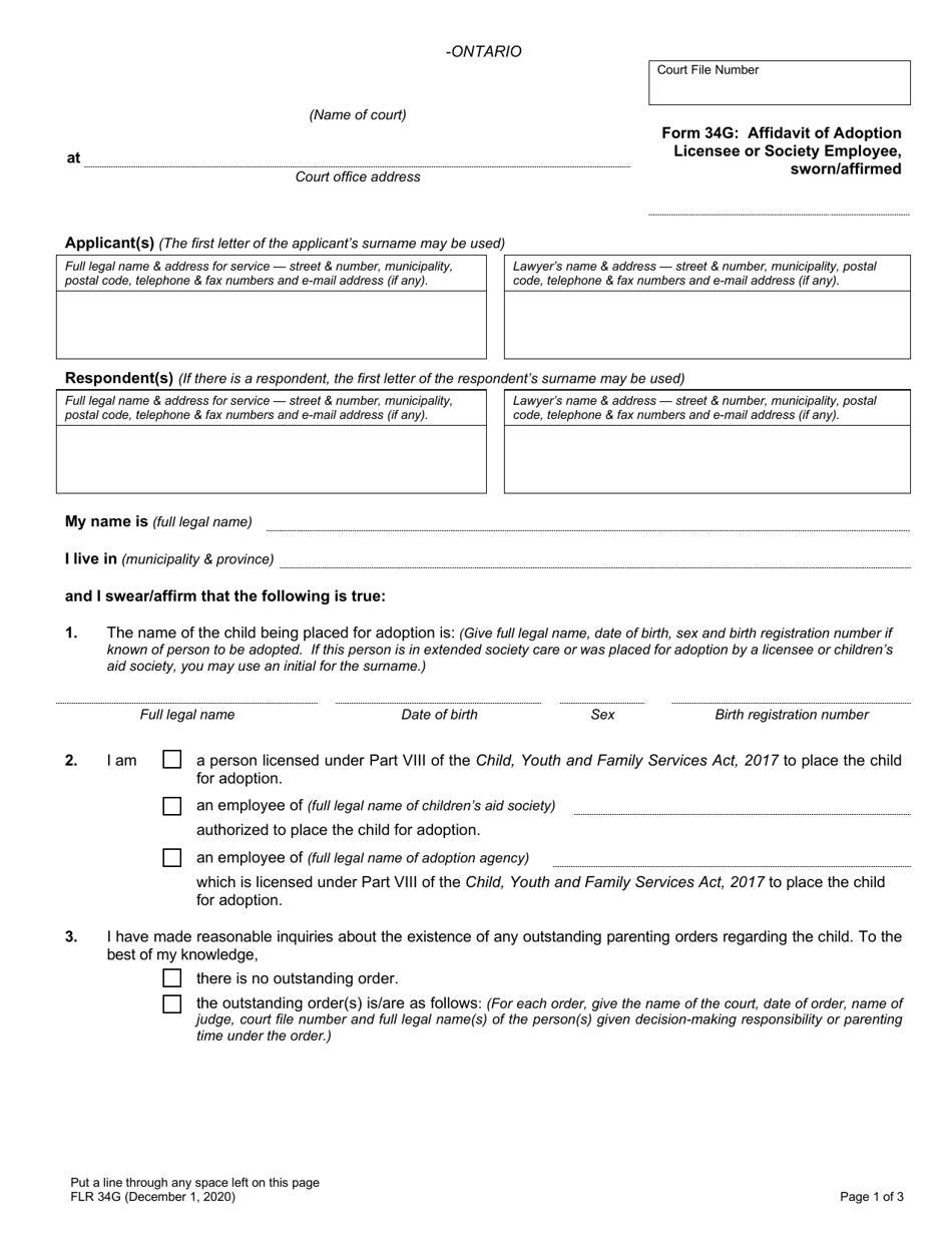 Form 34G Affidavit of Adoption Licensee or Society Employee - Ontario, Canada, Page 1