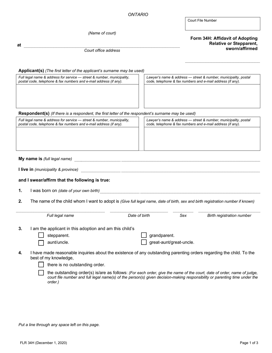 Form 34H Affidavit of Adopting Relative or Stepparent - Ontario, Canada, Page 1