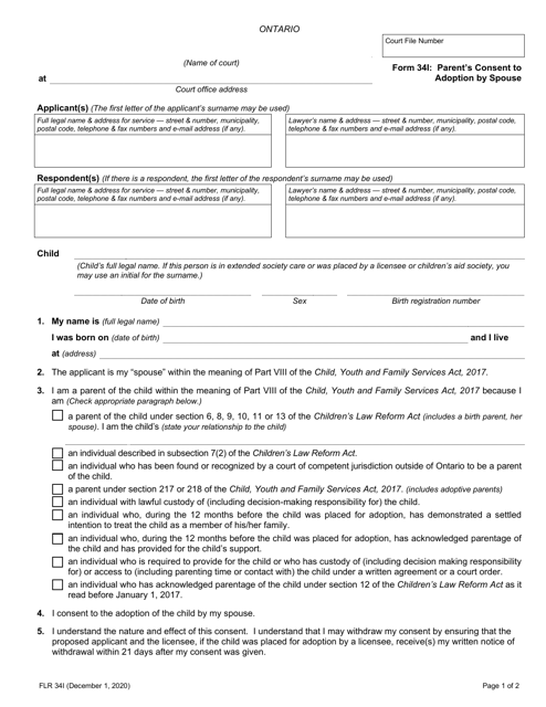 Form 34I Parent's Consent to Adoption by Spouse - Ontario, Canada
