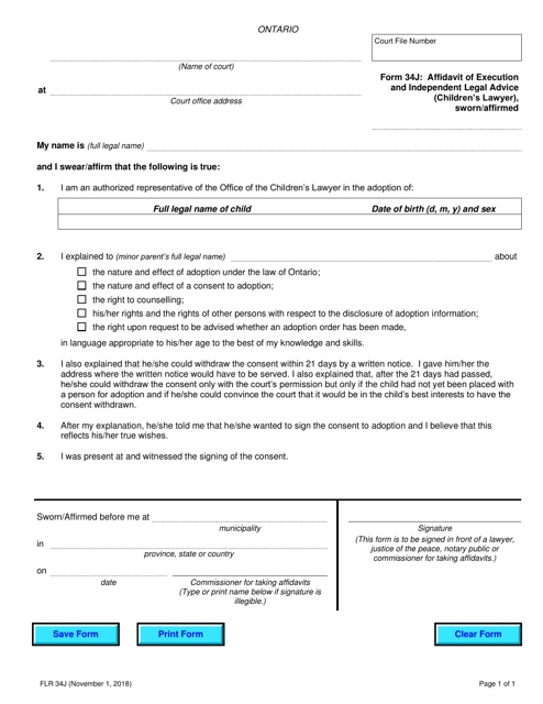 Form 34J Affidavit of Execution and Independent Legal Advice (Children's Lawyer) - Ontario, Canada