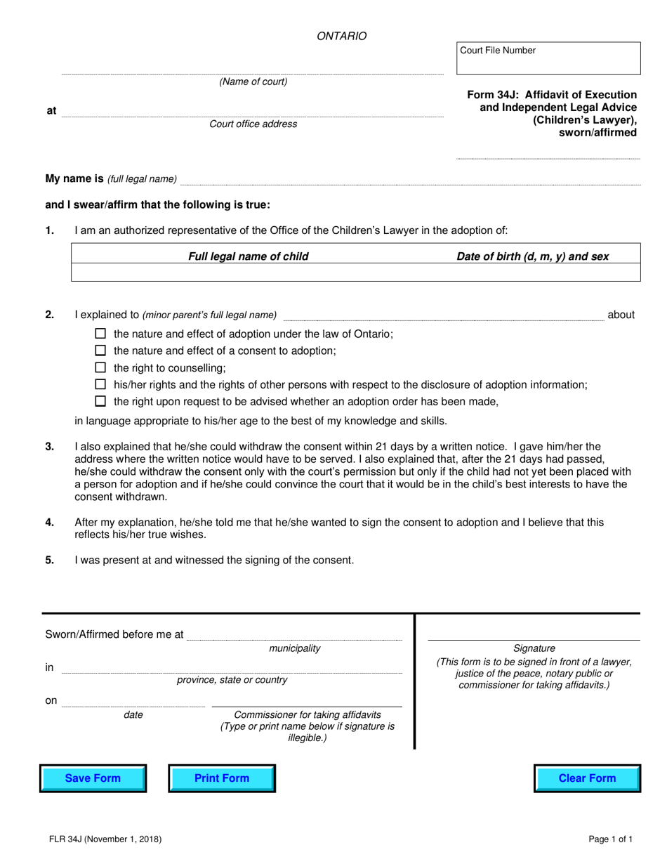 Form 34J Affidavit of Execution and Independent Legal Advice (Childrens Lawyer) - Ontario, Canada, Page 1