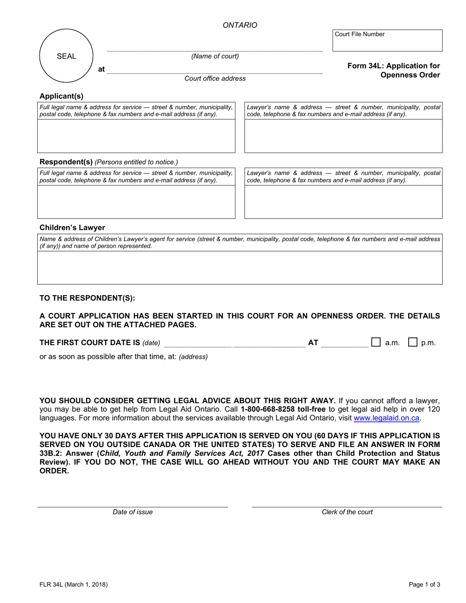 Form 34L Application for Openness Order - Ontario, Canada, Page 1