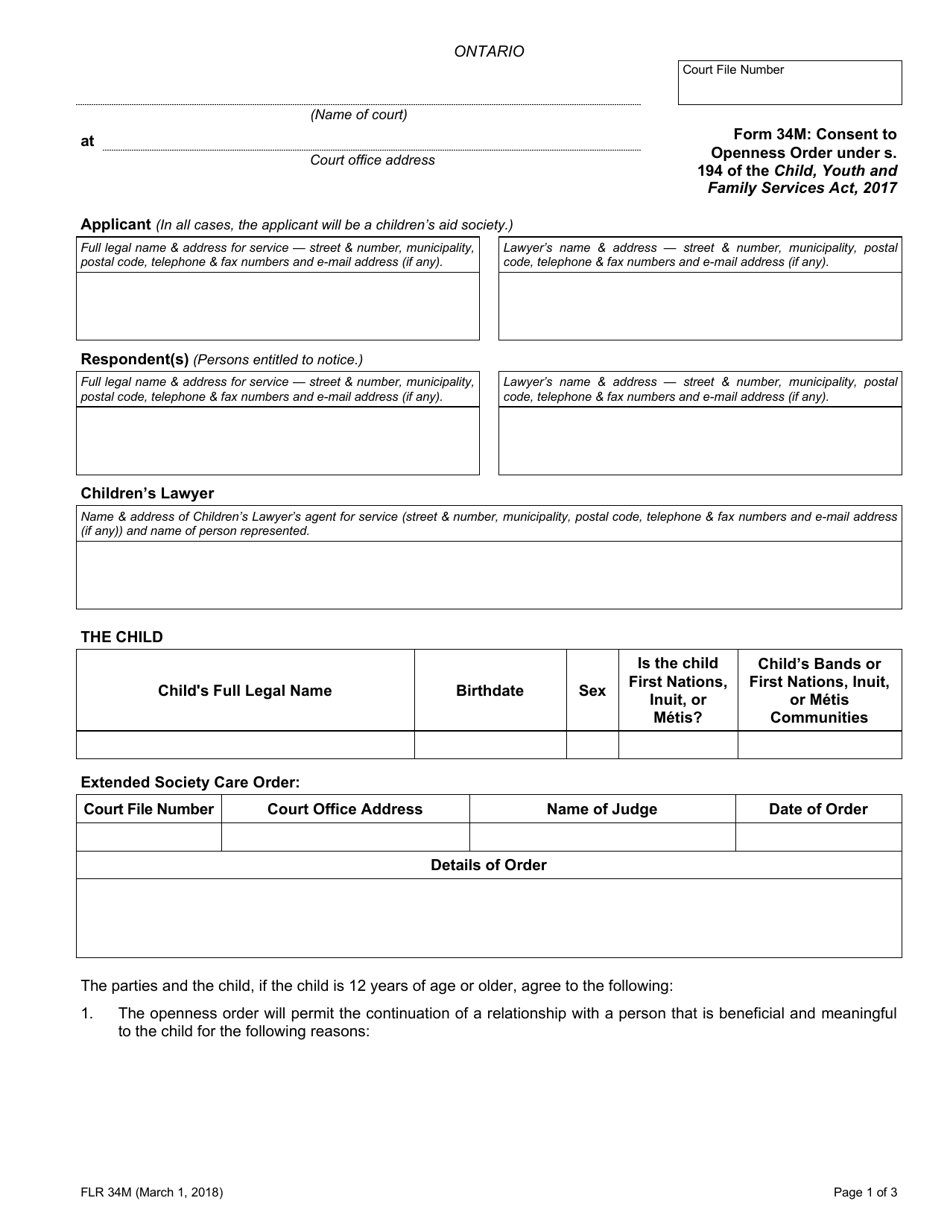 Form 34M Consent to Openness Order Under S. 194 of the Child, Youth and Family Services Act, 2017 - Ontario, Canada, Page 1