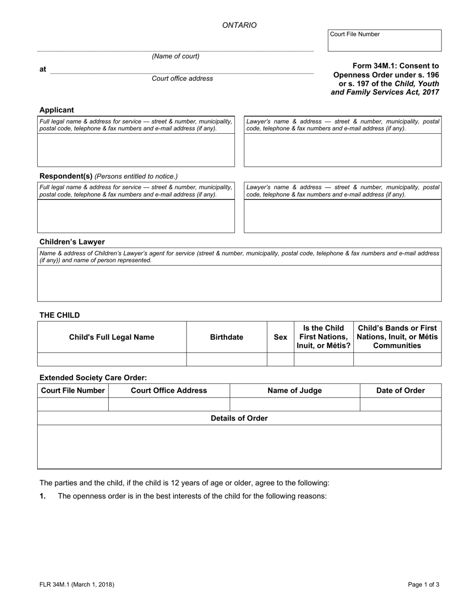 Form 34M.1 Consent to Openness Order Under S. 194 of the Child, Youth and Family Services Act, 2017 - Ontario, Canada, Page 1