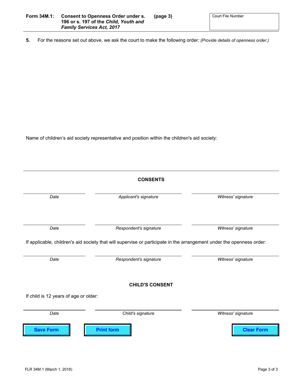 Form 34M.1 Consent to Openness Order Under S. 194 of the Child, Youth and Family Services Act, 2017 - Ontario, Canada, Page 3