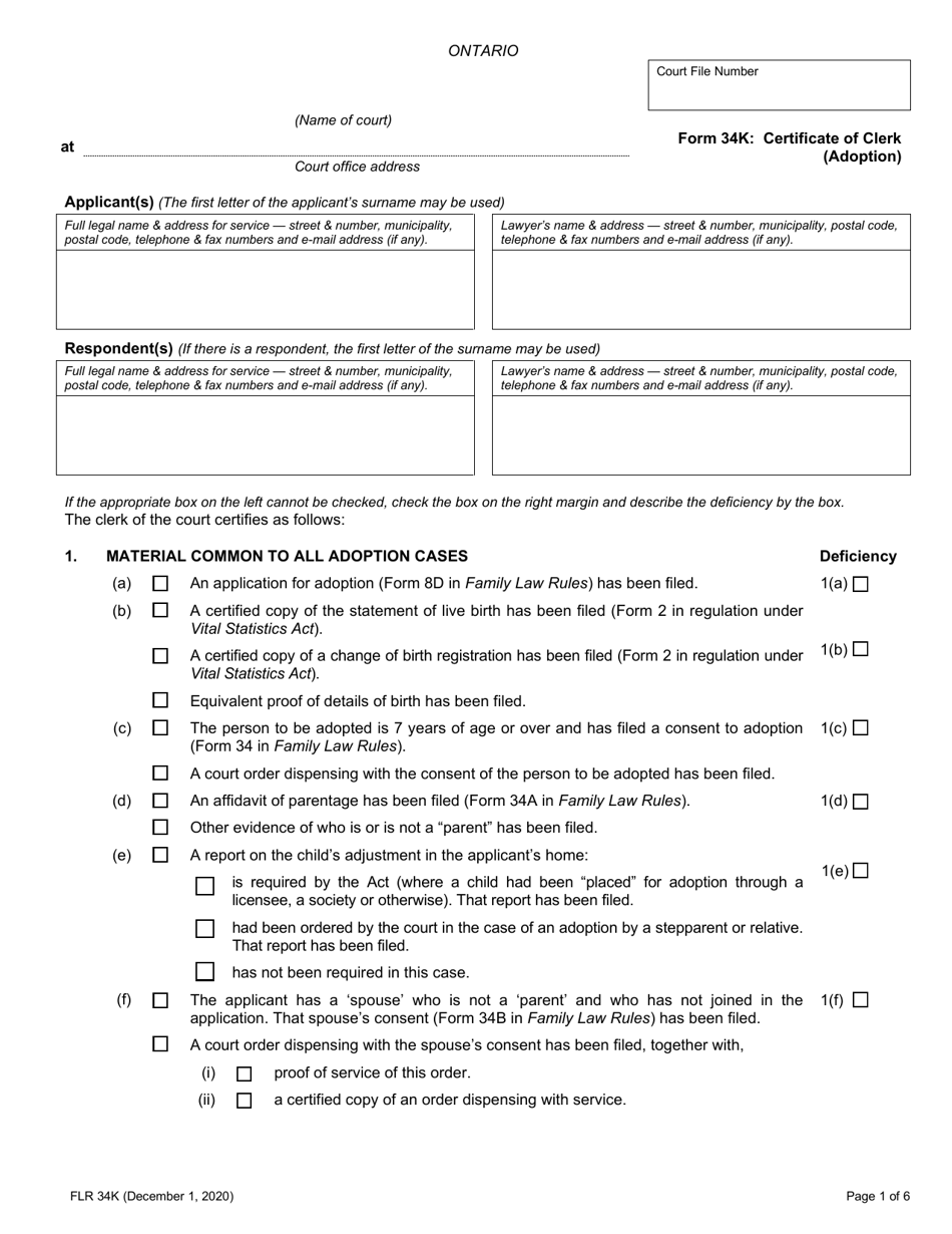 Form 34K Certificate of Clerk (Adoption) - Ontario, Canada, Page 1