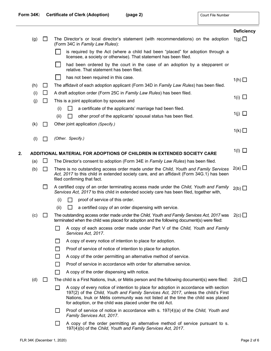 Form 34K Certificate of Clerk (Adoption) - Ontario, Canada, Page 2