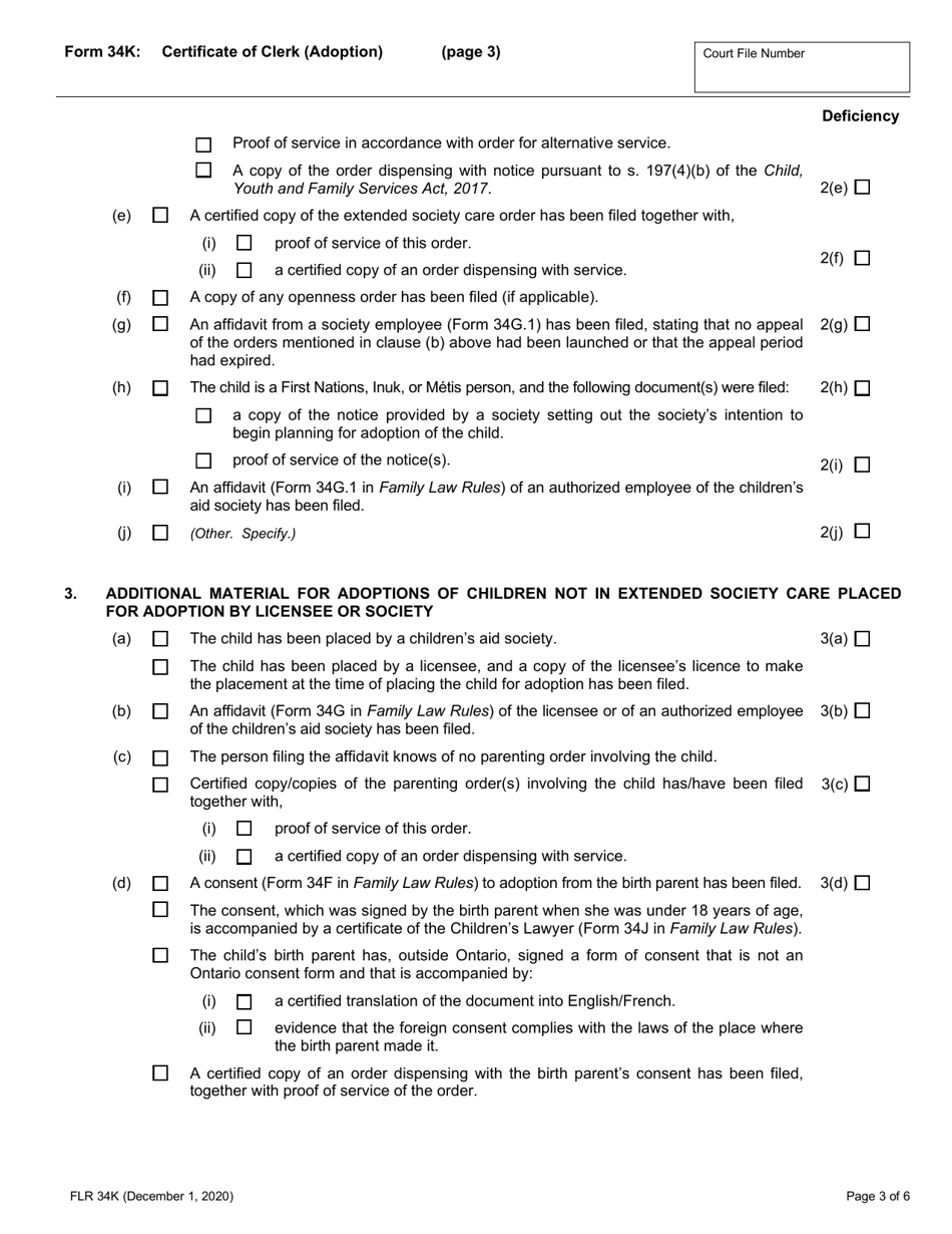 Form 34K Certificate of Clerk (Adoption) - Ontario, Canada, Page 3