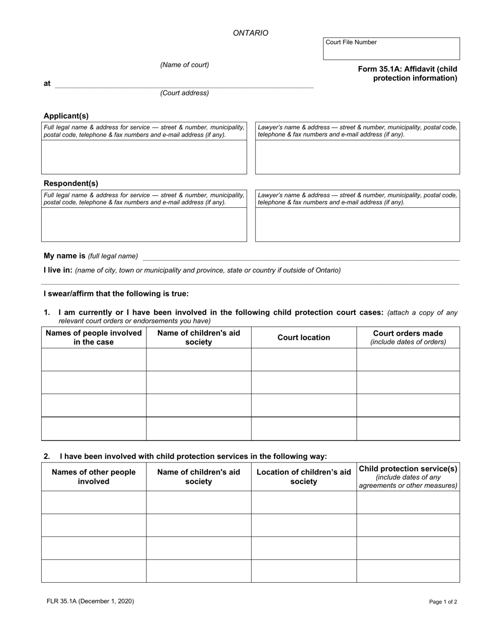 Form 35.1A Affidavit (Child Protection Information) - Ontario, Canada, Page 1