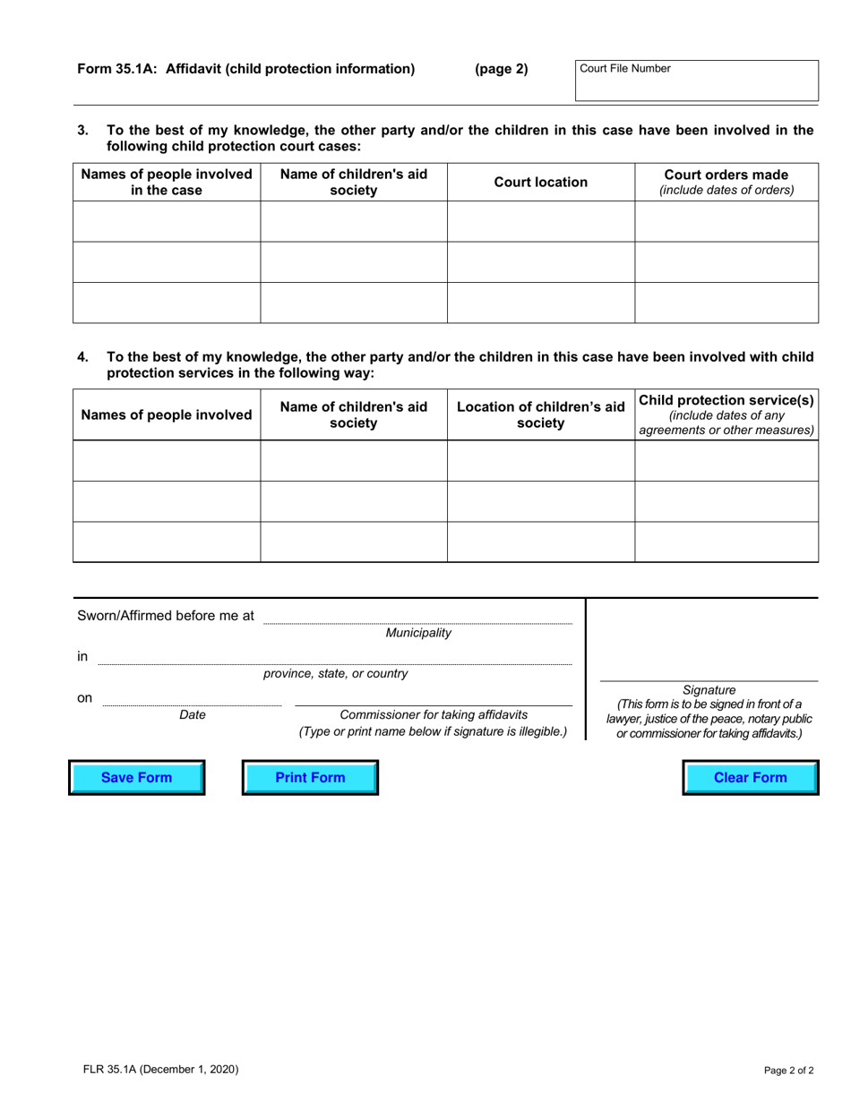 Form 35.1A Affidavit (Child Protection Information) - Ontario, Canada, Page 2