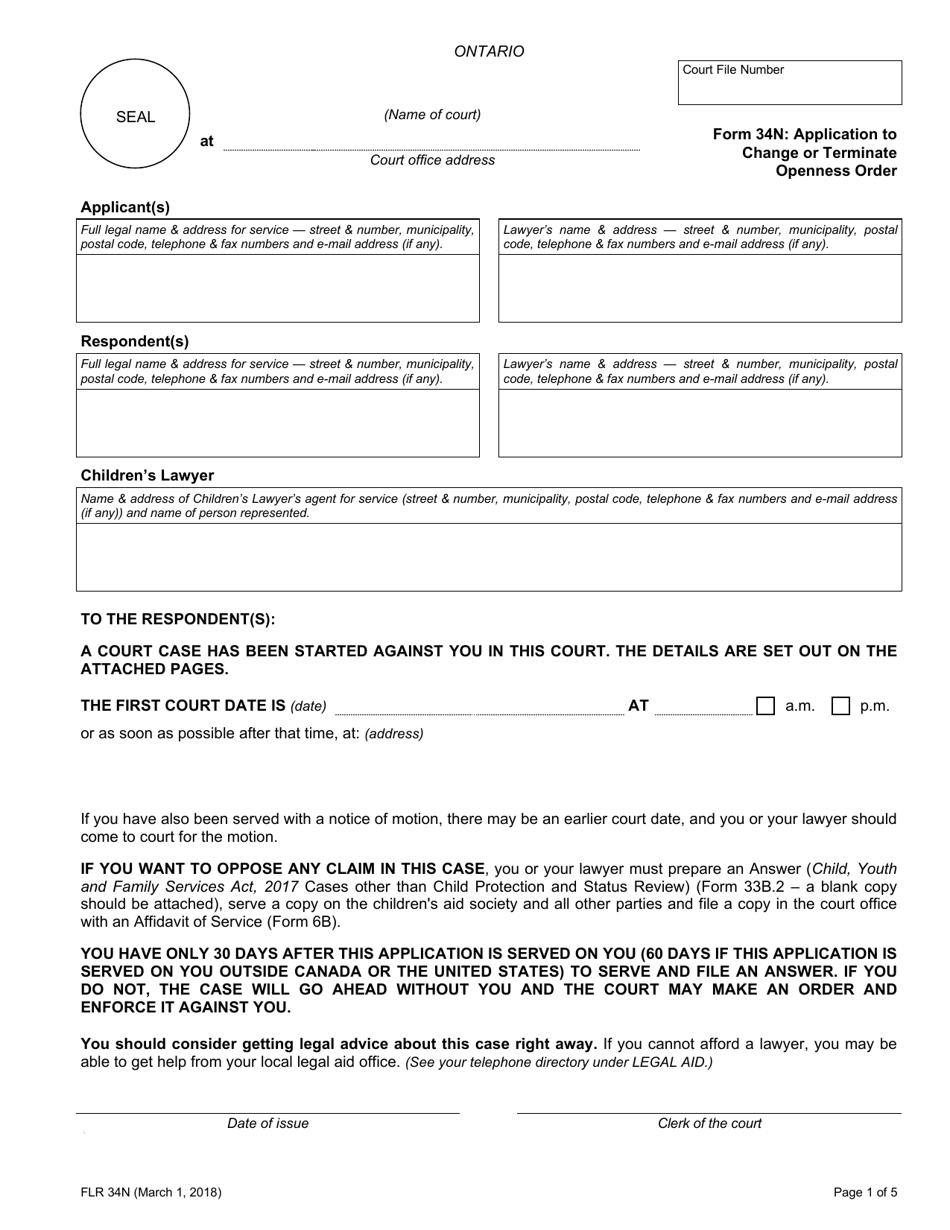 Form 34N Application to Change or Terminate Openness Order - Ontario, Canada, Page 1