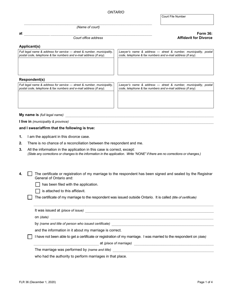 Form 36 Affidavit for Divorce - Ontario, Canada, Page 1