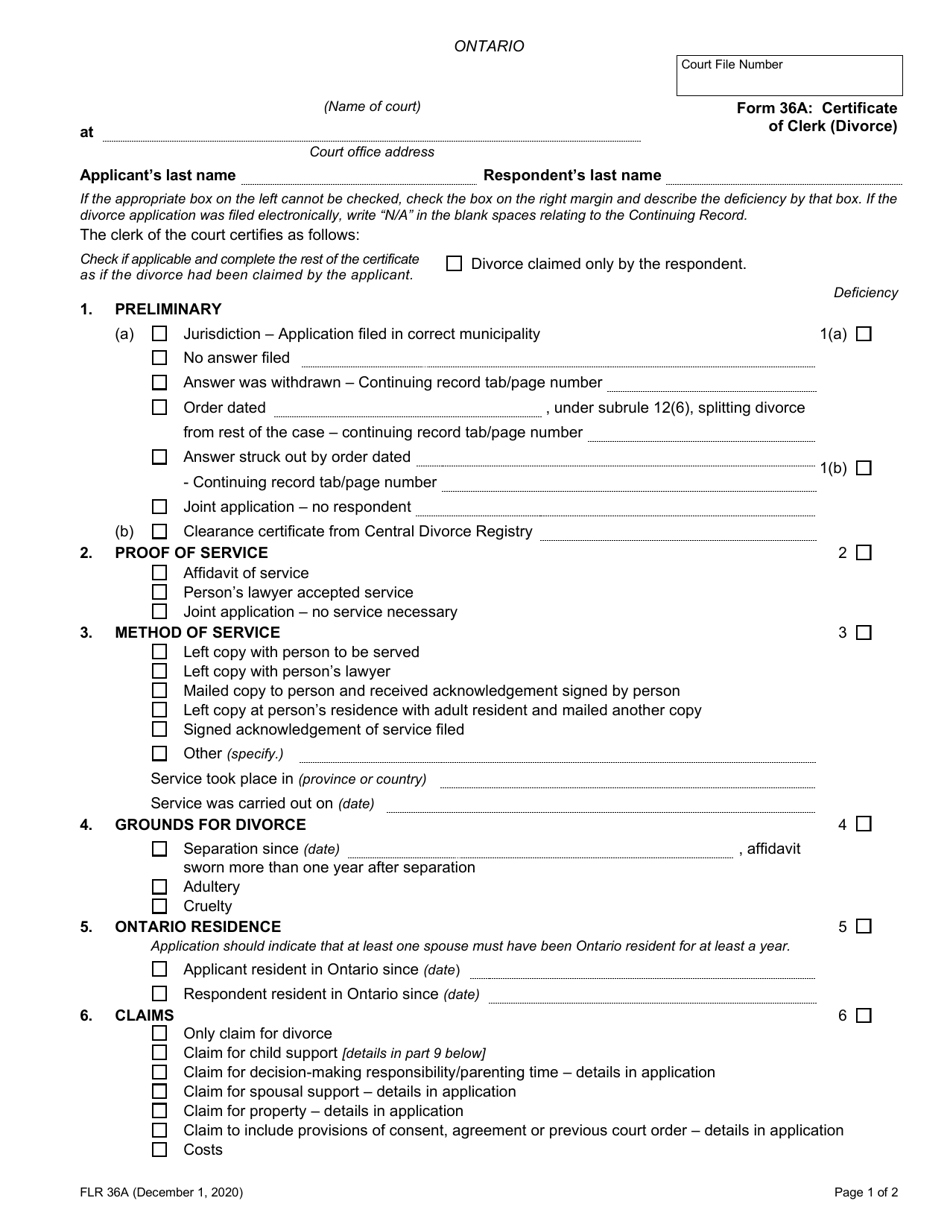 Form 36A Certificate of Clerk (Divorce) - Ontario, Canada, Page 1