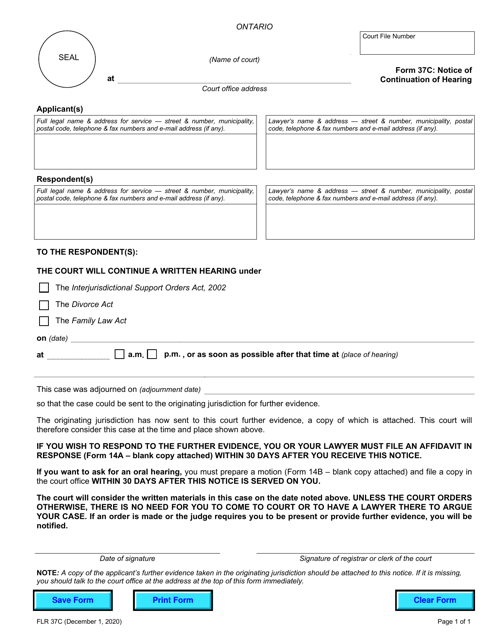 Form 37C Notice of Continuation of Hearing - Ontario, Canada