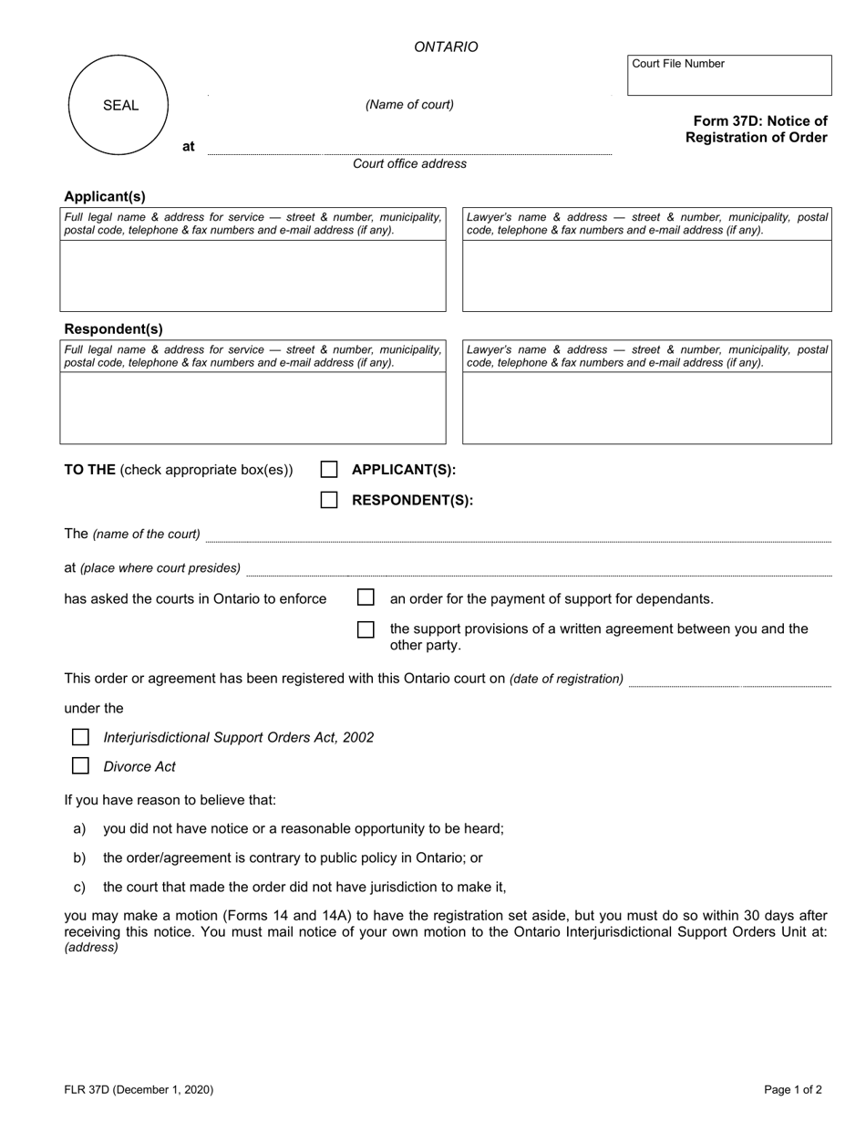 Form 37D Notice of Registration of Order - Ontario, Canada, Page 1
