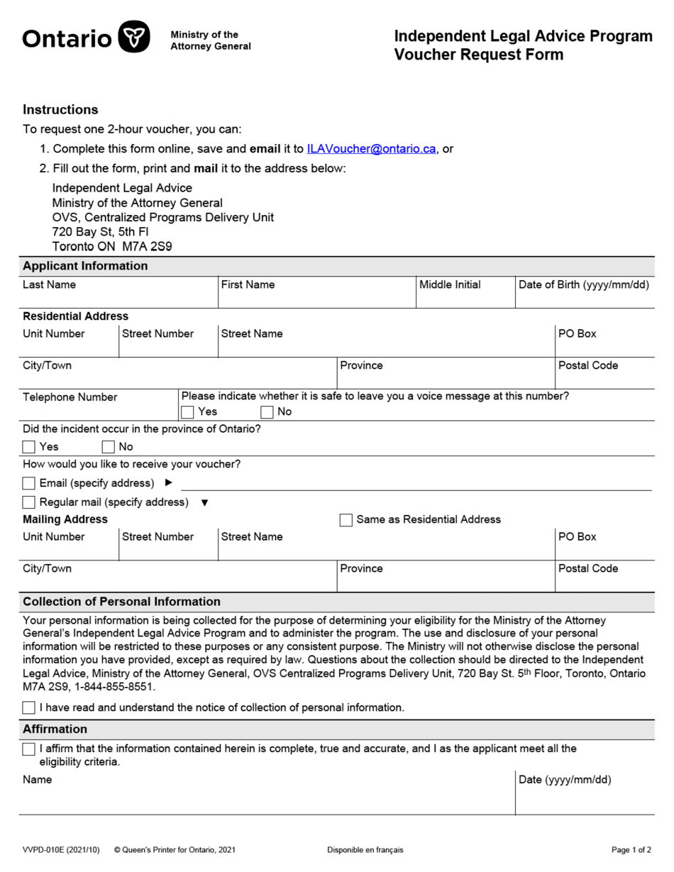 Form VVPD-010E Independent Legal Advice Program Voucher Request Form - Ontario, Canada, Page 1