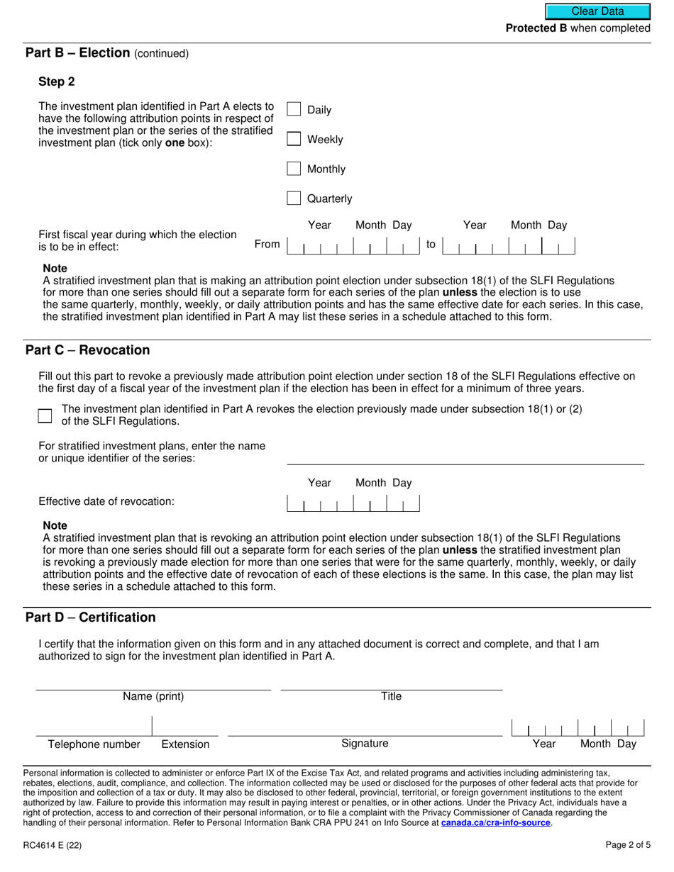 Form RC4614 Gst / Hst Attribution Point Election or Revocation of the Election for a Selected Listed Financial Institution - Canada, Page 2