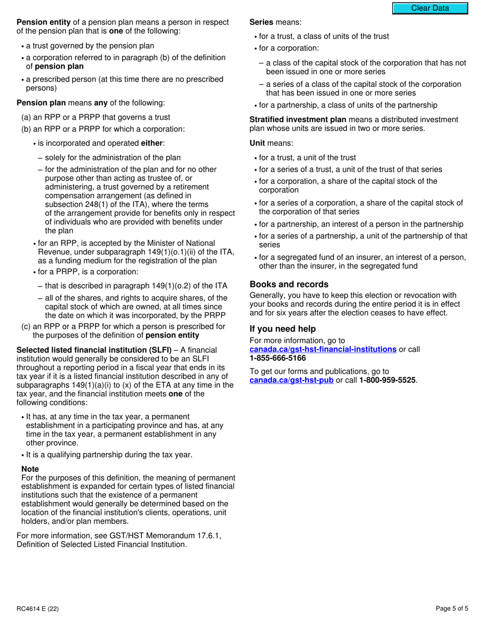 Form RC4614 Gst / Hst Attribution Point Election or Revocation of the Election for a Selected Listed Financial Institution - Canada, Page 5