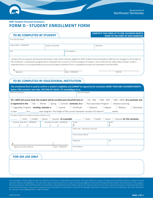 Form D (NWT8716) Student Enrollment Form - Nwt Student Financial Assistance - Northwest Territories, Canada