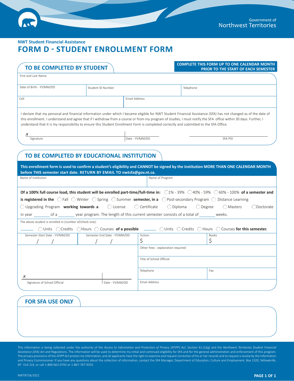Form D (NWT8716) Student Enrollment Form - Nwt Student Financial Assistance - Northwest Territories, Canada, Page 1
