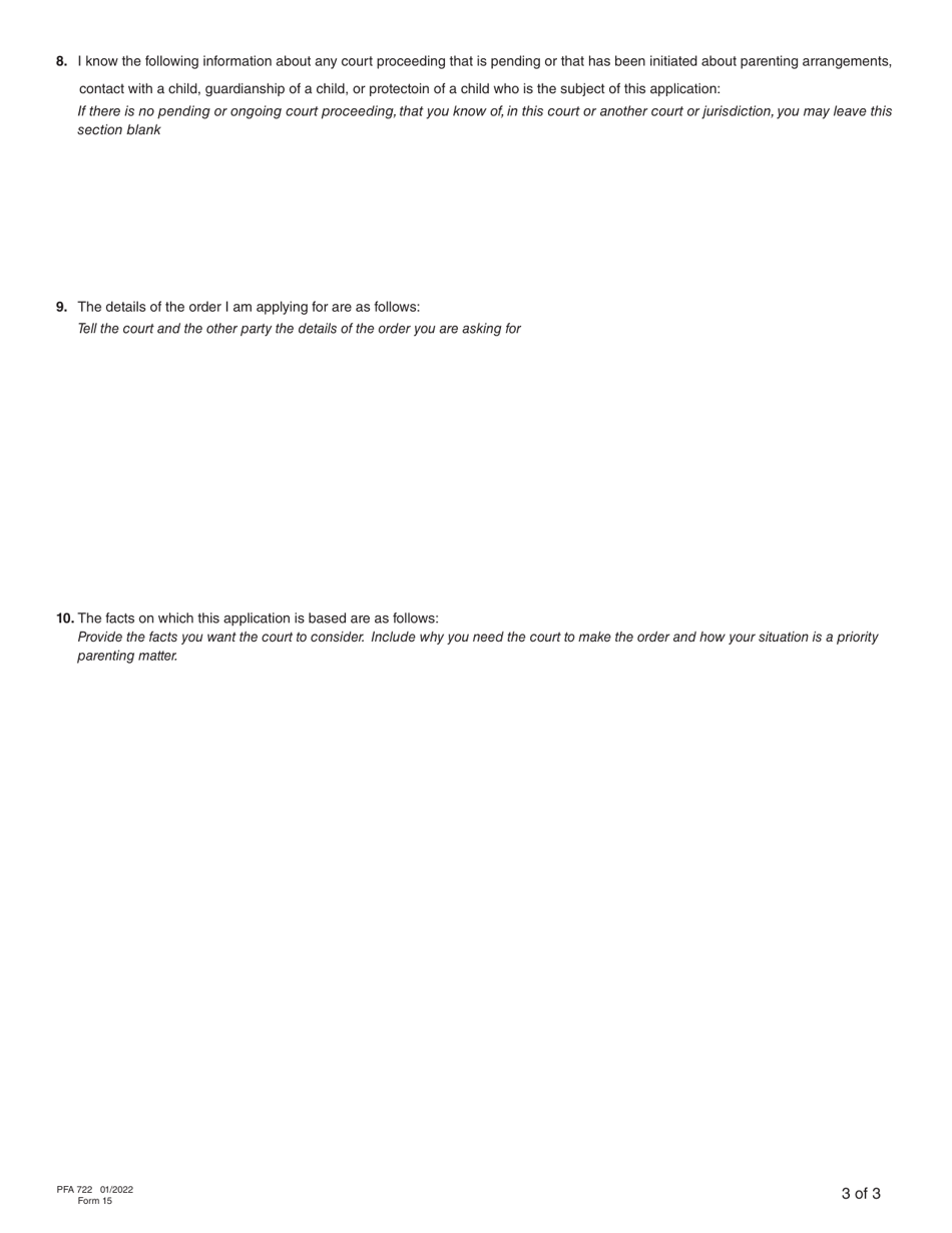 Form 15 (PFA722) Application About Priority Parenting Matter - British Columbia, Canada, Page 10