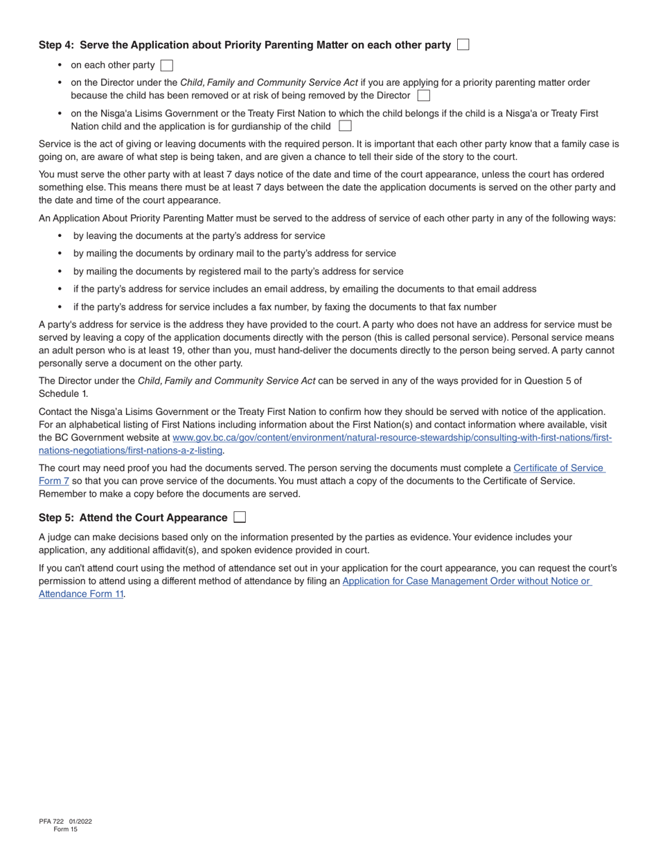 Form 15 (PFA722) Application About Priority Parenting Matter - British Columbia, Canada, Page 4